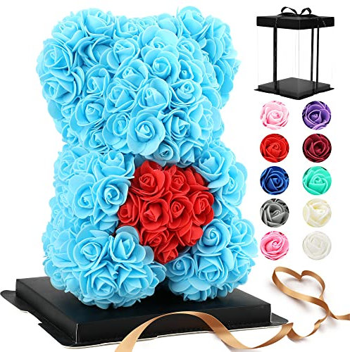 Regali per le donne - rosa orsacchiotto - orso rosa, regali unici, regali per ragazze, regali per la mamma, regali di compleanno, consegna di fiori - Scatola regalo trasparente inclusa (blue)