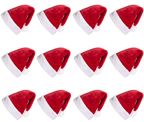JOYIN 12,5 * 20 Zoll 12er-Pack Premium-Weihnachtsmützen, Plüsch-Weihnachtsmützen aus rotem Samt mit weißen Manschetten für Weihnachtsgeschenke und Partyzubehör