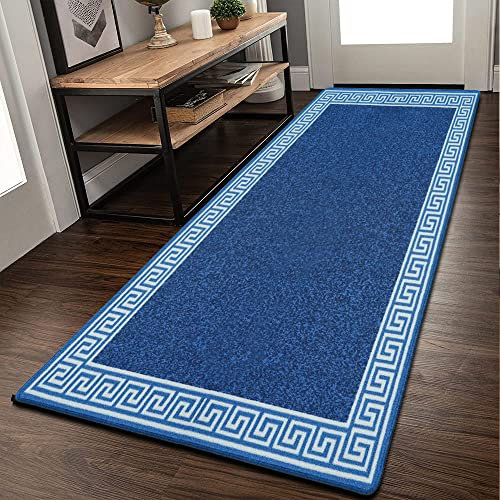 Rugs Shop Door Mats Indoor Non Slip Mat Carpet Runners for Hallways Geometrical Border Low Profile Washable Runner Rug for Kitchen, Front Door Hall Hallways Living Room (80 x 150 cm, Blue Cream)