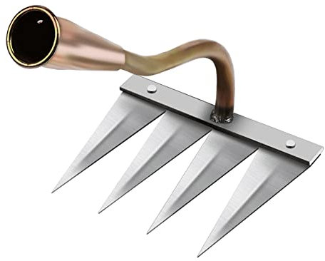 Milageto Unkrautjäter Werkzeug Jäten Baumwollhof Rasen Graben Gräben Rechen Greifen Harken Lockern Bodenartefakt Gartenhacke für die Gartenarbeit, 4 Zähne Kupfer