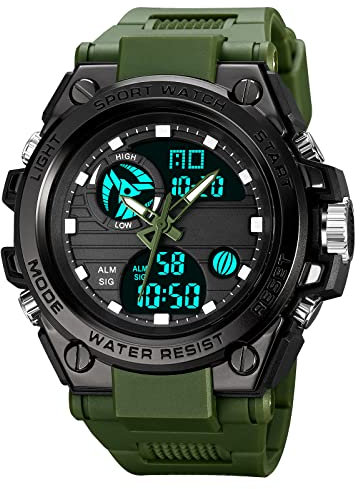 GBB Herren-Sport-Digitaluhren, wasserdicht, Sportuhr mit Alarm/Timer, Militär-Multifunktions-LED-Dual-Display-Armbanduhr für Herren, military green, Gurt