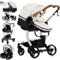 MoLi PU-Leder Kinderwagen 3 in 1, Kinderwagen mit Umkehrbarem Doppelschiebemodus, Buggy Großer Bequemer Babywanne, Kombikinderwagen 3 in 1 Rahmen Aluminiumlegierung Faltbar Hohe Landschaft (518 White)