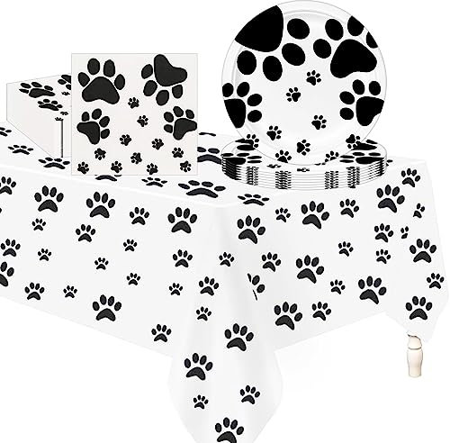 POPOYU 37Pcs Jungle Safari Animal Paper Tableware Set,Dog Paw Print Table Cloth,Paper Plates 9 Inch,Napkins,Paw Print Party Tableware for Jungle Safari Animal Wild One Birthday Hen Party Supplies