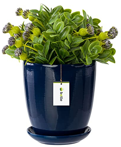 botle Blumentopf Blumenübertopf dunkel blau Blumenschale mit Untersetzer Rund BxH 290 mm x 300 mm Oberfläche Glanz Keramik Modern Glamour