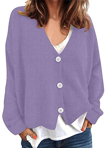 Femmes Automne et Hiver Simple décontracté Confortable Couleur Unie Pull tricoté Cardigan Bouton à Manches Longues Veste Courte Plaid Polaire Pull (Purple-A, M)
