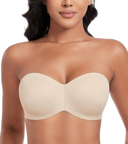 Lemorosy - Reggiseno Senza Spalline con Ferretto per Donna Scollo a V con Spalline Removibili Push up(Beige,1F)