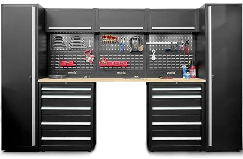 Ondis24 XXL Werkstatt Komplett Set 325cm Männerküche Werkstattrichtung modular mit Buchenholzarbeitsplatte, Werkzeugschränke, Werkbank mit Schubladen (9 TLG.)