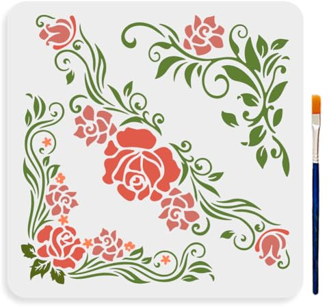 MAYJOYDIY 3 styles Pochoir de Fleur de Rose D'Angle 30×30cm Motif Rose et Vintage Pochoirs Réutilisables pour Peinture avec Pinceau pour Meubles Muraux en Bois et Toile