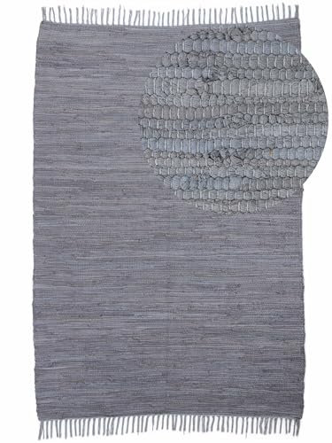 carpetfine Flickenteppich Kelim Chindi Uni Hellgrau 70x140 cm, handgewebt | Fleckerlteppich aus Baumwolle für Wohnzimmermit Fransen