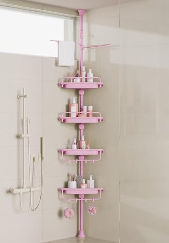 XLHOMO 32-122inch Corner Shower Caddy Tension Pole Pink, Rustproof Drill-Free Shower Shelves for Bathroom Bathtub Washbasin, Adjustable Shower Organizer with 4 Tier Patent Stable Shelves & Towel Bars