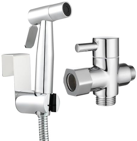 Tecmolog Bidet Hygienedusche Set Edelstahl Bidet Handbrause Shattaf Komplett mit Schlauch und 3 Wege Ventil 3/8 für Toilette, Chrom, WS024DF8