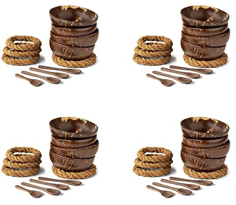 TsoLay Cuencos de coco con cucharas y soportes, juego de 16 cuencos de coco + cucharas y soportes para ensalada