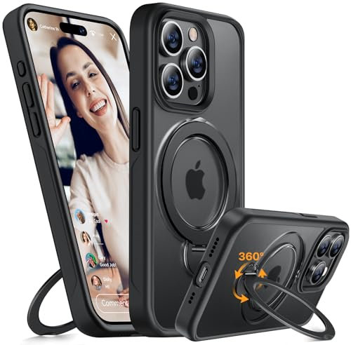 Miracase for iPhone 15 Pro Max Case: 360° Spin Magnetic Stand with MagSafe, Shockproof Military Grade Protection,Matte Protective Cases for iPhone 15 Pro Max Cover with Ring Holder (Black)