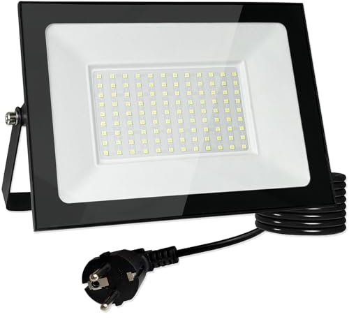 Meision Strahler Außen 100W, Scheinwerfer Mit Stecker, Superhell Aluminium Kaltweiß LED Fluter 6000K IP66 Wasserdicht, Außenstrahler Mit 3 Meter Kabel für Garage, Garten, Flur