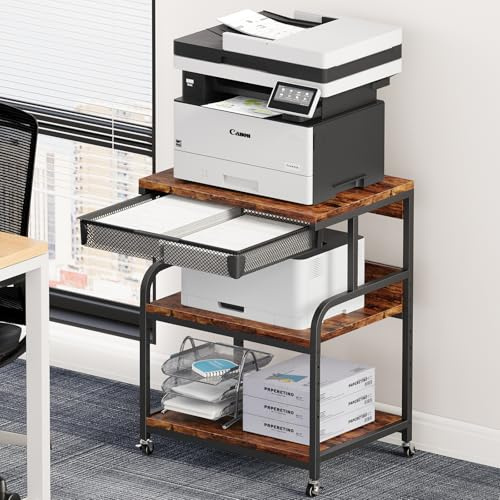 EasyCom 23.6×18.9 Extra Large Printer Stand with Drawer & Wheels | 5-Adjustable Shelves 3-Tier Table, Rolling Heavy Duty Printer Cart with Storage, Fits Printer Scanner Fax for Home Office Use