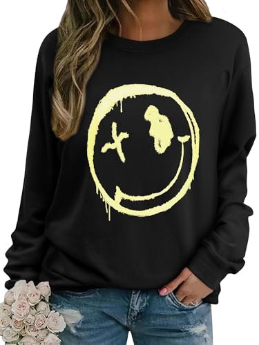 WIEIYM Damen Sweatshirt Langarmshirt Drucken Rundhals Pullover Herbst Winter Bluse Tops Weihnacht Pullover Casual Christmas Sweat Oberteile,Schwarz,2XL