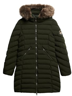 Superdry Damen Mittellanger Fuji Steppmantel mit Kapuze aus Kunstfell