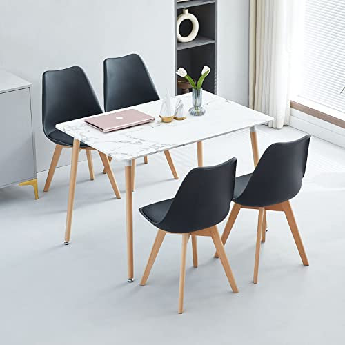 LafeuR Esszimmergruppe Esstisch mit 4 Stühlen Essgruppen, Rechteckig Küchentisch-Set für 4 Personen Sitzgruppe für Wohnzimmer Küche Büro(Marmor Tisch+4 Schwarz Esszimmerstühle)