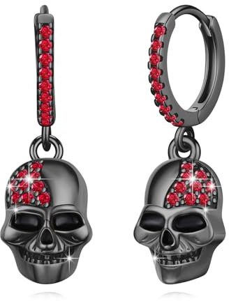 MEDWISE Totenkopf Creolen 925 Sterling Silber Schwarz Hängend Ohrringe Gothic Punk Schmuck Geschenk für Männer Herren Mädchen Unisex Teenager