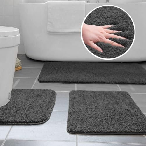 Ceneco Badezimmerteppich, Mikrofaser Badematten Set 3 Teilig, Badteppich Rutschfest Waschbar, Saugfähige Badvorleger Set, U-Form Teppich, Klein Badematten & Badteppiche(Holzkohle,U40x50_50x60_50x80cm)