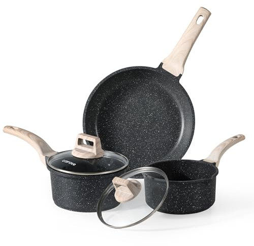 Carote Juego de utensilios de cocina antiadherentes de granito, 5 piezas compatibles con inducción con tapas, juego de utensilios de cocina con efecto de piedra negra sin PFOA con asas de madera