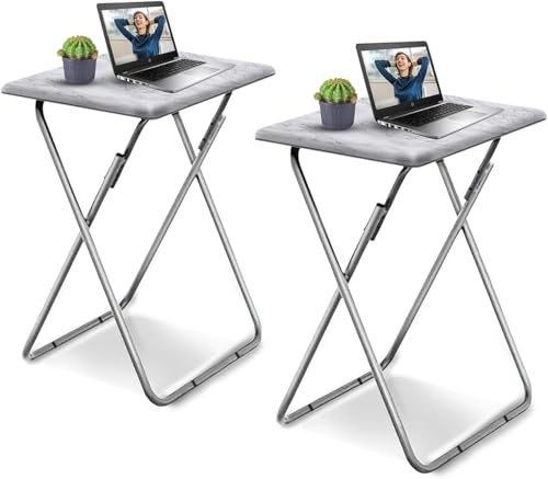 Small Folding Table 2 Set, Folding Snack Table, TV Tray Table, Balcony Foldable Table, Outdoor Camping Table, Sofa Table, Side Table, End Table for Small Space Living Room (White Marble, 2 PCS)