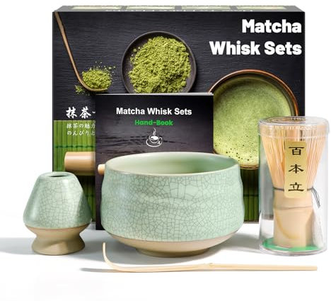 Matcha Set, Ensemble de Fouet à Matcha, Japanisches Tee-Set mit Matcha Besen, Matcha Schale und Besenhalter aus Keramik, Matcha Löffel, Matcha Bambusbesen, Matcha Zubehör, Grau Grün