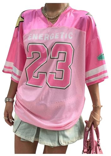 GORGLITTER Women's Jersey Shirts Oversized Letter Graphic T Shirts V Neck Half Sleeve Streetwear Tops Hot Pink XS