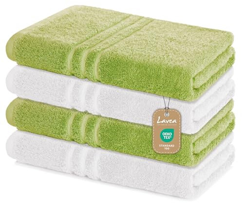 Lavea Lot de 4 Serviettes de Douche - 70 x 140 cm - 100% Coton - Serviettes éponge Douces et absorbantes - 500 g/m² - Uni et Bicolore - Certifié Öko-Tex - Lavable jusqu'à 60 °C - Vert Citron et Blanc