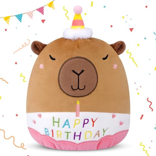 Yamepuia Capybara Kuscheltier - Happy Birthday PlüSchtier,20cm Birthday Capybara PlüSchtier,Niedliche Wasserschwein Kissen Kuscheltier Geburtstag Geschenk und Deko für Kinder Jungen MäDchen