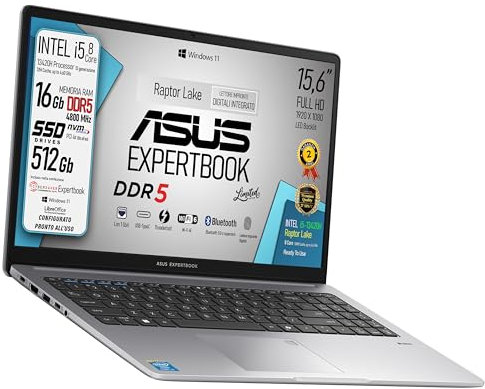 ASUS Expertbook, PC Portatile, cpu Intel Core i5 13420H 13Th 8Core, Ram DDR5 16Gb, SSD pci Nvme 512Gb, Display 15,6 Led FHD antiriflesso, Wi-Fi 6, 4 USB, BT, lan, Win11, fingerprint, pronto all'uso