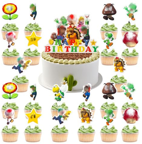 Tortendeko Kinder Kuchen Deko- Bros Kindergeburtstag Tortendeko Cartoon Cake Topper Set Happy Birthday Cupcake Topper für Jungen Mädchen Geburtstag Party Kuchen Figuren DIY Torten Dekoration Supplies