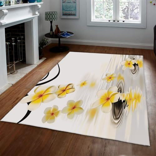 UERWOWELL Teppich mit Wasserwellen- und Blumendruck Rutschfester waschbarer Bodenteppich für Entspannungsräume und Spa-Räume langlebig weiß 140x200cm