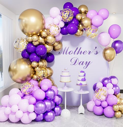 Purple and Gold Balloon Arch Kit Garland - 132Pcs Purple Balloon Arch Multi-Size Lilac and Gold Balloons with Confetti, Party Balloons for Birthday Baby Shower Wedding Lavender Themed Party Decoration