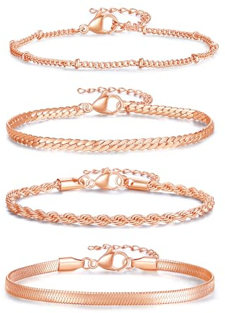 Sahoottie 4Pcs Rosegold Armband Damen Rosévergoldete Armbänder Set Muttertagsgeschenk Verstellbar Stapelbare Kettenarmband Boho Twist Schlange Armkette Rosegold Schmuck Geschenk für Damen Mädchen