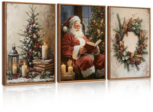 CHDITB 3Stück Vintage Weihnachten Bilder,Frohe Weihnachten Leinwand Wandkunst,Weihnachtsmann Lesen Dekoration,Girlande Tannenzapfen Beeren Wsnddeko,Wohnzimmer Weihnachtsbaum,30x40cm