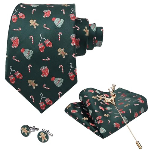 LIEOLGOH Weihnachts Krawatte für Herren Weihnachts Klassisch Muster Xmas Party Festlich Krawatten mit Einstecktuch Manschettenknöpfe Brosche Set