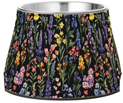 Flowers Orchid Lavender Hosta Black Dogs Food Bowl Non Slip Stainless Steel Pets Water Bowl for Dogs Cats Rabbits Birds Whisker Fatigue