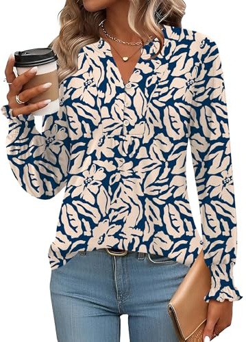 Rapbin Bluse Damen V-Ausschnitt T-Shirt Tunika Kurzarm Sommer Top Elegant | Kurzarm Langarm Boho Bluse Damen Lässig Business Oberteil Blusen Casual Knopfleiste Puffärmel Shirt