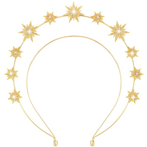 Heiligenschein Stern Haarreif Halo Crown Gold – glitzernder goldener Kopfschmuck mit Sternen – Haarreif Krone für Festival, Hochzeit & Halloween Kostüm – Sterne Haarschmuck Stirnband, goldener Damen