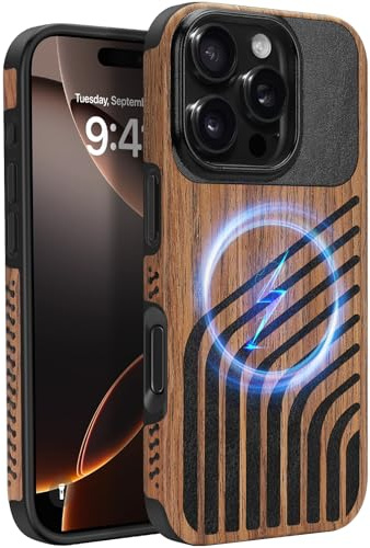 ZZDZZ Magnetisch Hülle für iPhone 16 Pro Hülle 6,3 (Holz und Leder) | ZZDZZ Hülle [Kompatibel mit MagSafe] Holz und Carbon Leder Design Handyhülle Stoßfest Schutzhülle