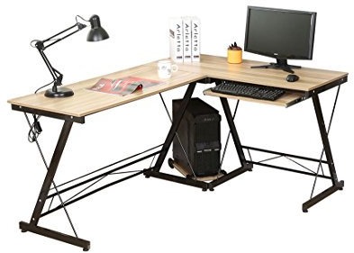 HLC Computer-Schreibtisch in L-Form, Eck-Schreibtisch, für das Büro und für zuhause, stabil, mit ausziehbarer Tastaturablage und mit Ablage für den Computer natur