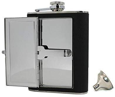 Colorsheng 5 oz PU Leather Wrapped Stainless Steel Flask Liquor Alcohol Bottle Holder with Built-in Cigar Case and Funnel Set for Man Woman
