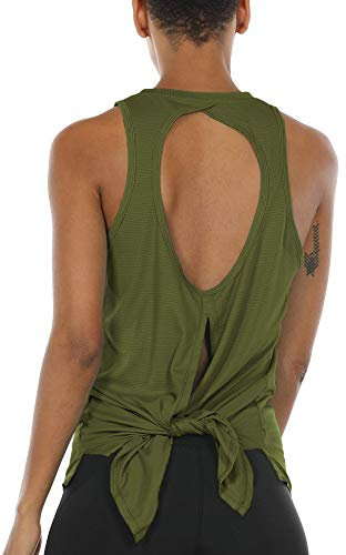 icyzone Damen Sport Top Yoga Fitness Shirt Rückenfrei Oberteil Atmungsaktive Laufshirt (L, Olive)