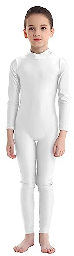 Freebily Kinder Mädchen Gymnastikanzug Turnanzug Mit Bein Langarm Basic Ganzanzug Ballett Tanz Leotard Sportbody Elfenbein Stehkragen 140-152
