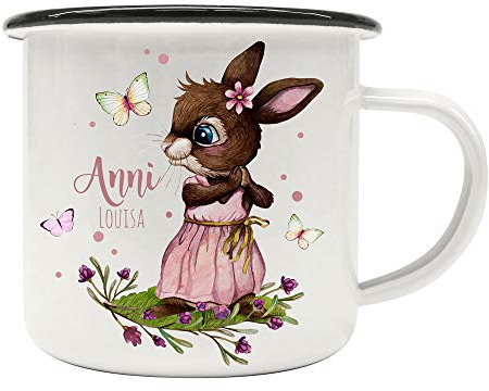 Emaille Becher Camping Tasse Motiv Hase Häschen rosa Schmetterlinge & Wunschname Name Kaffeetasse Geschenk eb492 - ausgewählte Farbe: *schwarzer Becherrand*