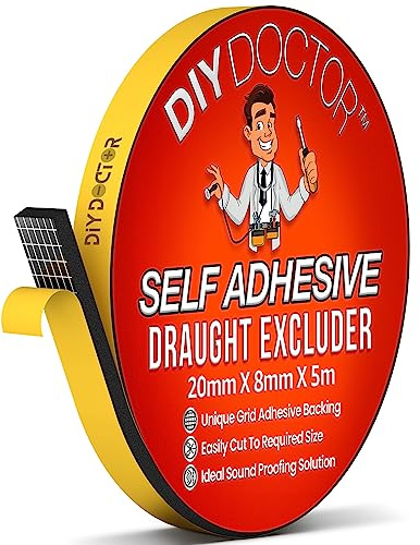 DIY Doctor Self Adhesive Draught Excluder Foam Tape - 1x 5metres(L) x 20mm(W) x 8mm(D) Black Draught Excluder for Doors & Windows - Draft Excluder for Doors & Windows - Gap Door & Window Seal Strip