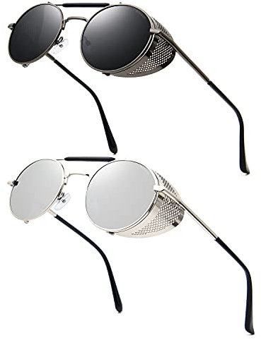 RONSOU Steampunk Style Round Vintage Sunglasses Retro Eyewear UV400 Protection Matel Frame Grey & Silver Lens