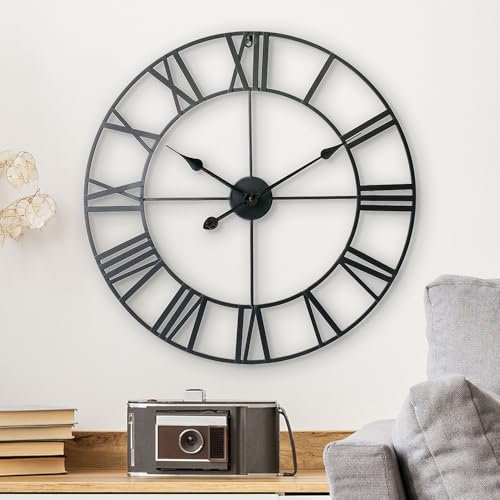 LW Collection Wanduhr Olivier Schwarz 40cm - Große Wanduhr mit römischen Ziffern - Moderne Industrielle Leises Wanduhr - Stille Uhr