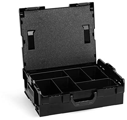 Sortimentsbox leer | L BOX 136 (schwarz) inkl. Kleinteileeinsatz 6-fach | Werkzeug Organizer Box | Ideales Werkzeugkoffer Set leer